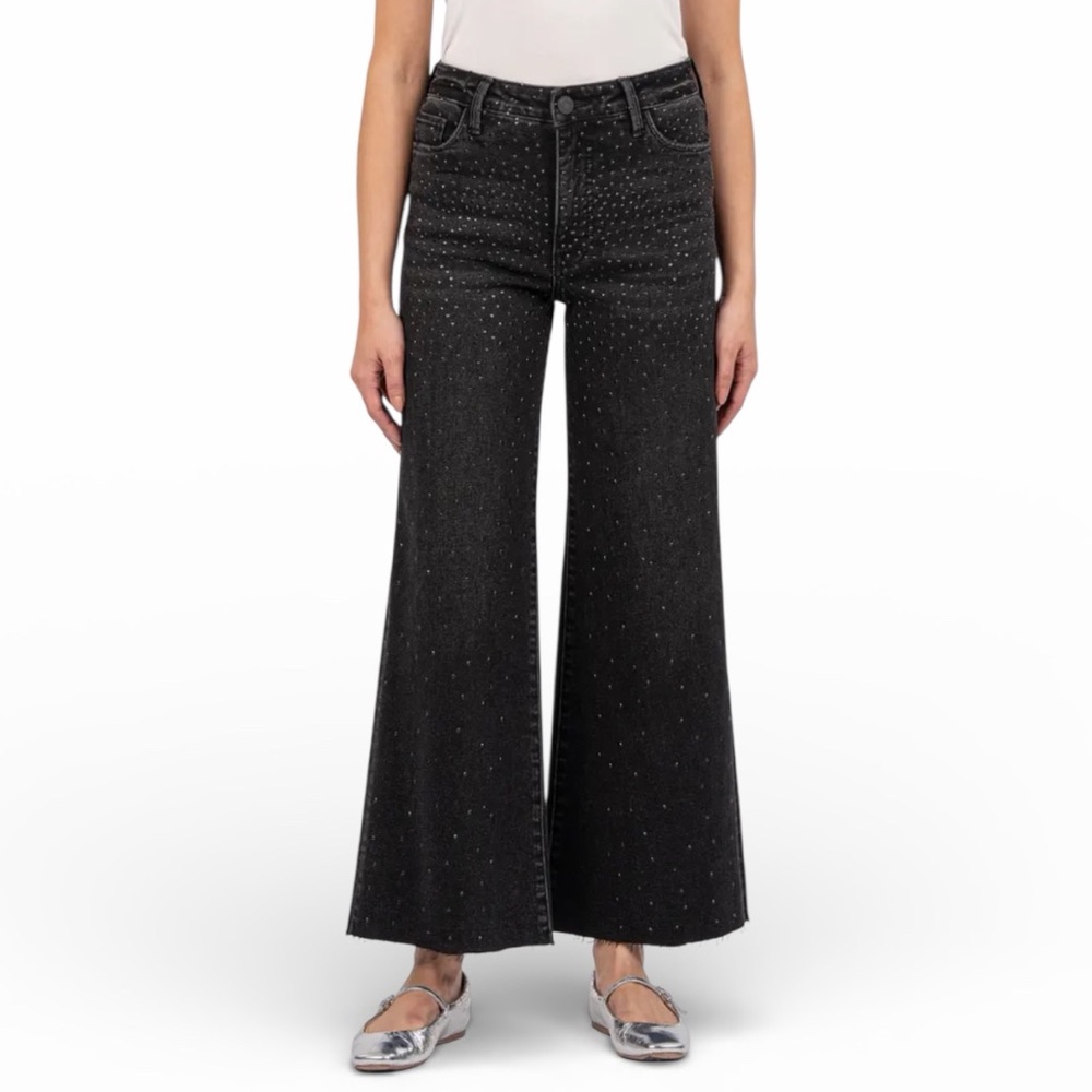 Kut from the Kloth Meg Embellished Raw Hem High Waist Ankle Wide Leg Jeans 10